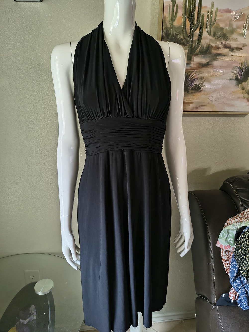 Jones Wear Black One-Shoulder Halter Dress with Ruched Waist